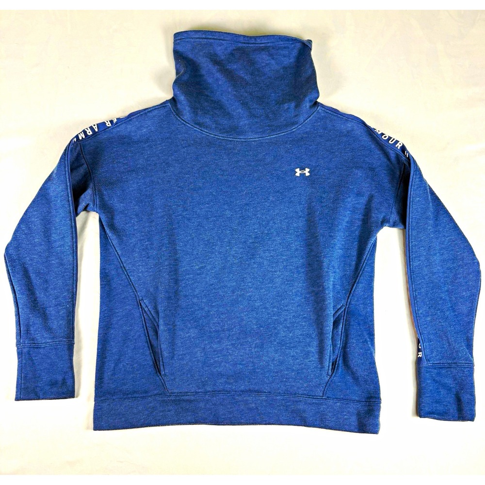Under Armour Funnel Neck Sweatshirt Womens Small Navy Logo Tape Sleeves Fleece
